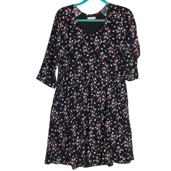Garnet‎ Hill Black Floral Multicolor Dot 3/4 Sleeve Dress Office Pockets Sz 4 - Picture 1 of 6